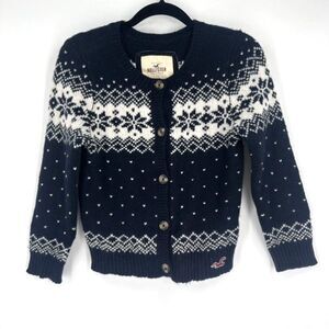 Y2K Hollister Women’s Fair Isle Nordic Navy Blue White Cardigan Size S Wool Blen
